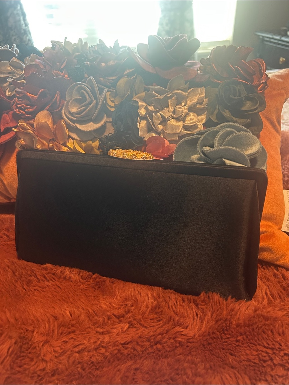 Black Satin Evening Clutch with Gold Accent
